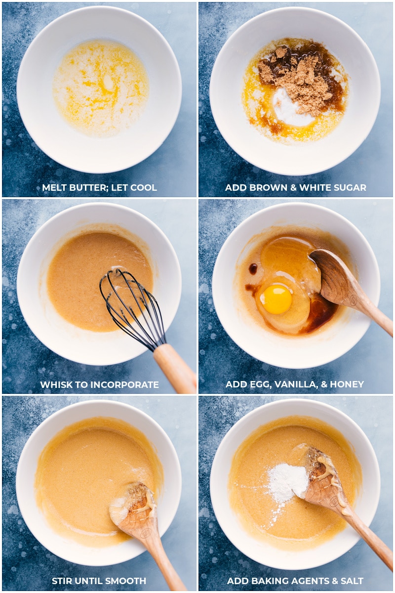 Process shots: images of the butter being melted, sugars being added and mixed together and egg, vanilla, and honey being added and mixed together, and finally the baking agents being added