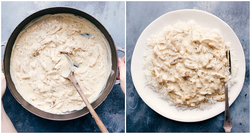 Hawaiian haystacks chicken gravy in the pan and beautifully served over a bed of rice.