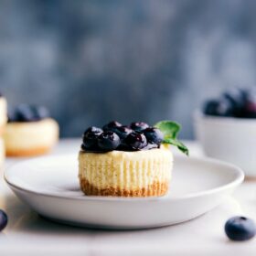 Mini blueberry cheesecake topped with fresh blueberries, a delightful dessert.