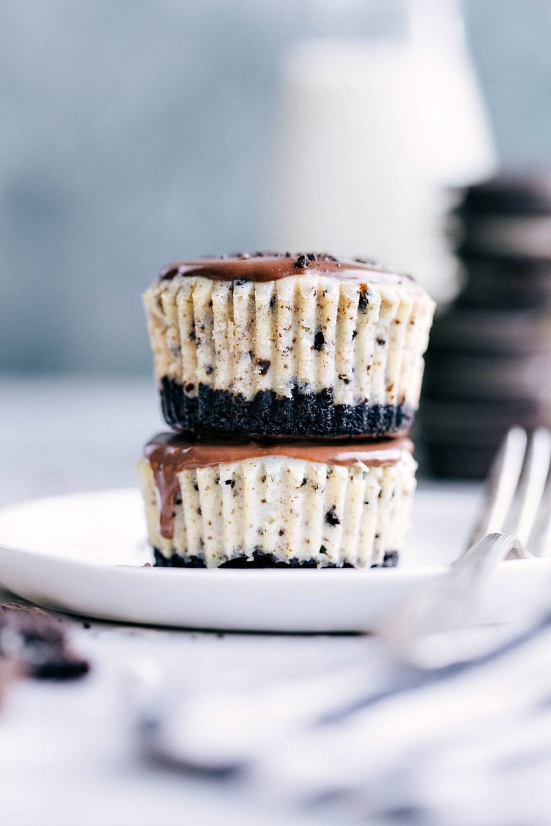 Two mini oreo cheesecakes stacked up