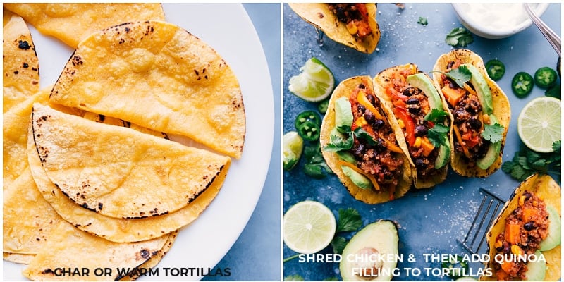 Process shots-- images of the tortillas being charred and then stuffed with the Quinoa Fajita filling.