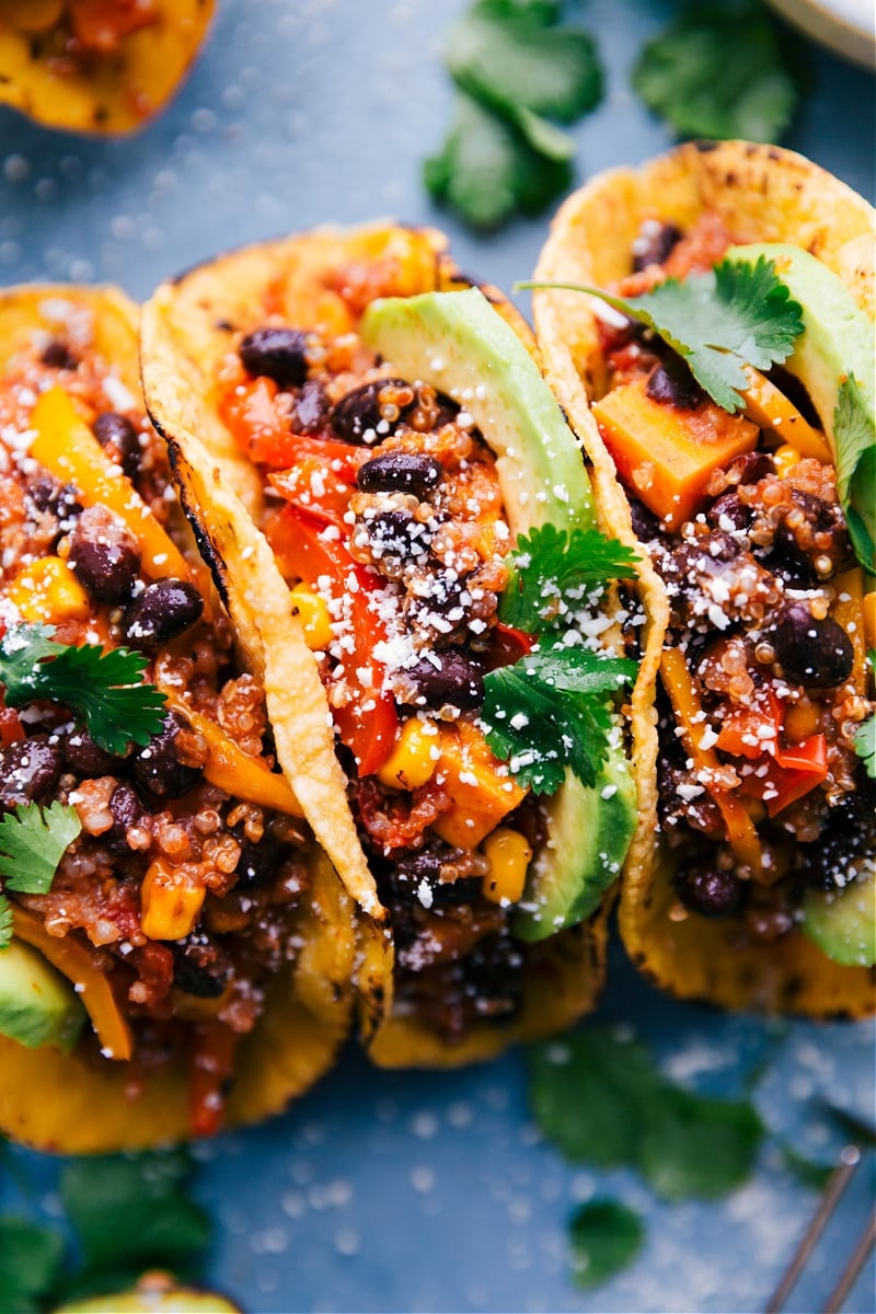 Up-close image of the Quinoa Fajitas with all the toppings.