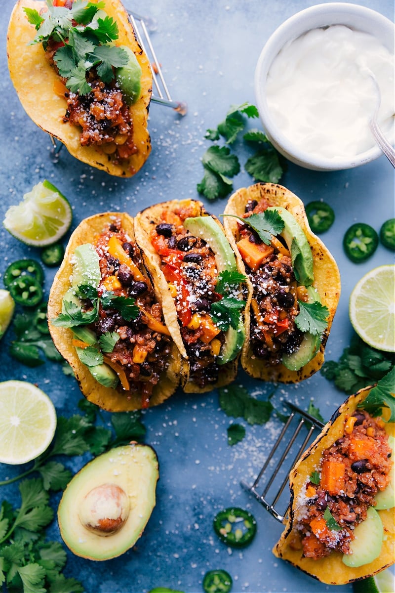 Overhead image of Quinoa Fajitas in tortillas, ready to be served.