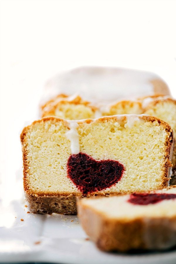 Cream Cheese Pound Cake, stuffed with red velvet hearts.