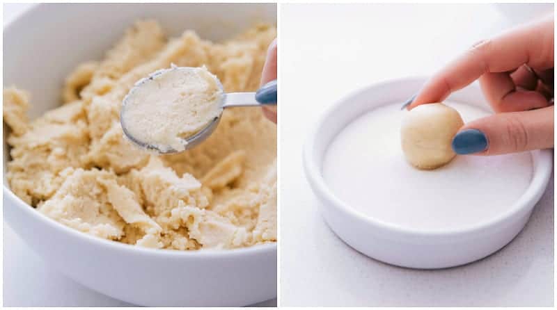 Process shots : measure the dough; roll dough balls in sugar