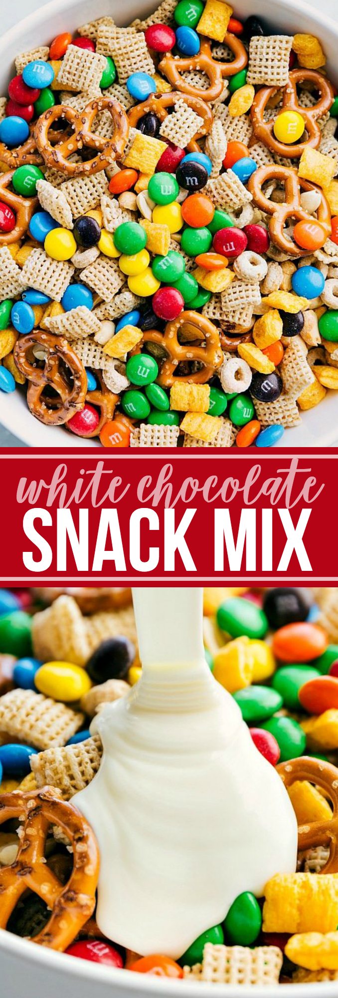 The BEST white chocolate snack mix -- cereal, pretzels, and M&M's all coated in white chocolate. | chelseasmessyapron.com