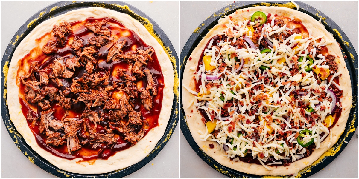 All the ingredients being layered onto the dough to be baked for this BBQ chicken pizza.
