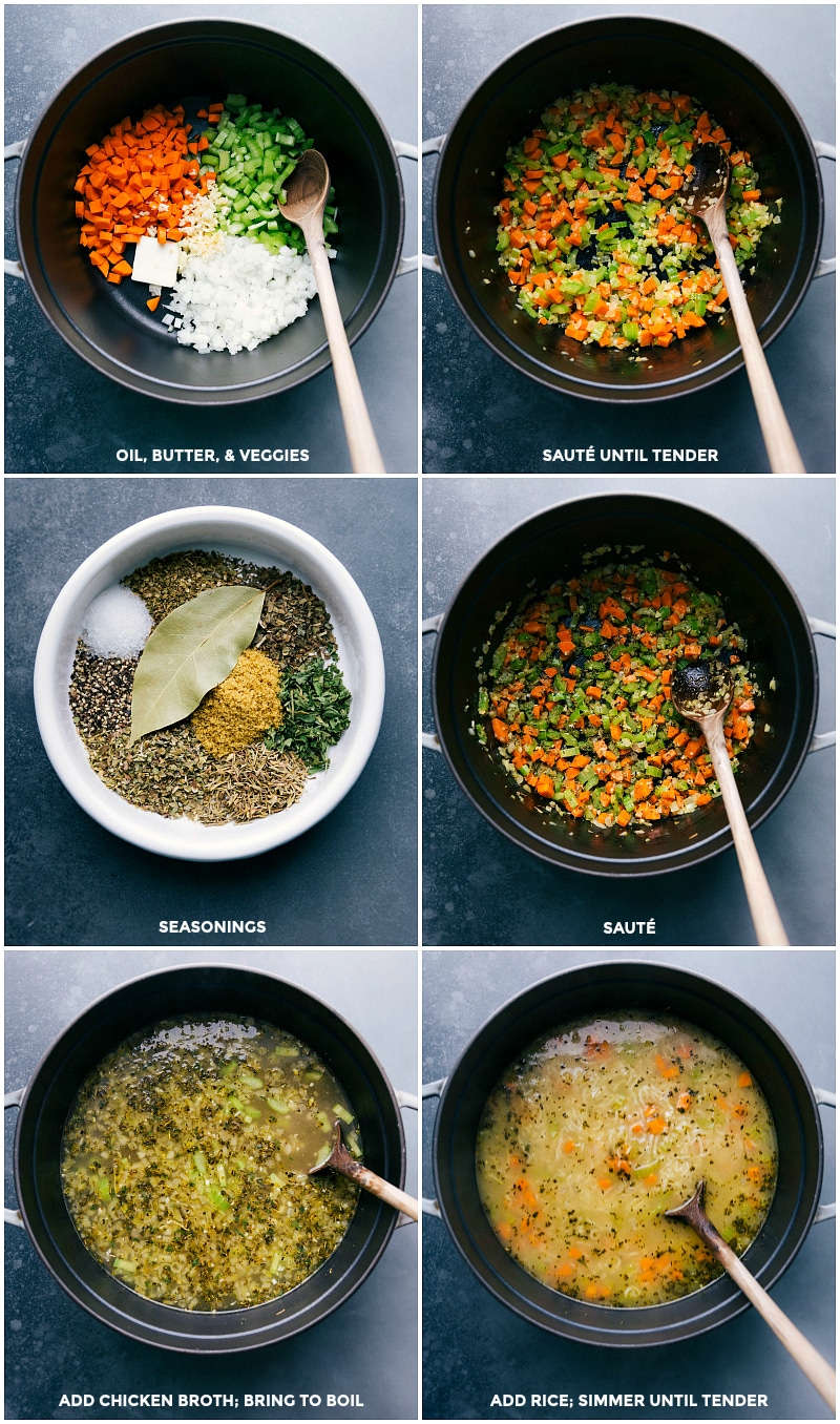 Sautéing vegetables, adding seasonings, pouring in broth, and bringing everything to a simmer.