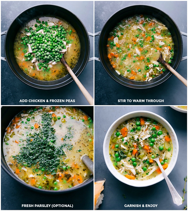 Adding chicken, peas, and parsley to the soup, with the finished chicken and rice soup recipe served in a bowl and garnished.