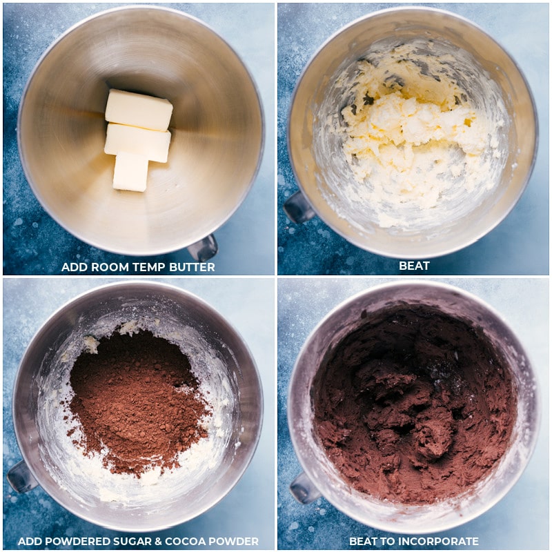 Process shots-- using room-temperature butter; creaming the butter; adding powdered sugar and cocoa powder; beating to incorporate.