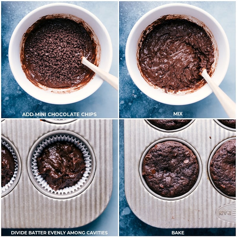 Image of the cupcakes batter being mixed together with chocolate chips; then added to the prepared cupcakes pan; and fresh out of the oven.