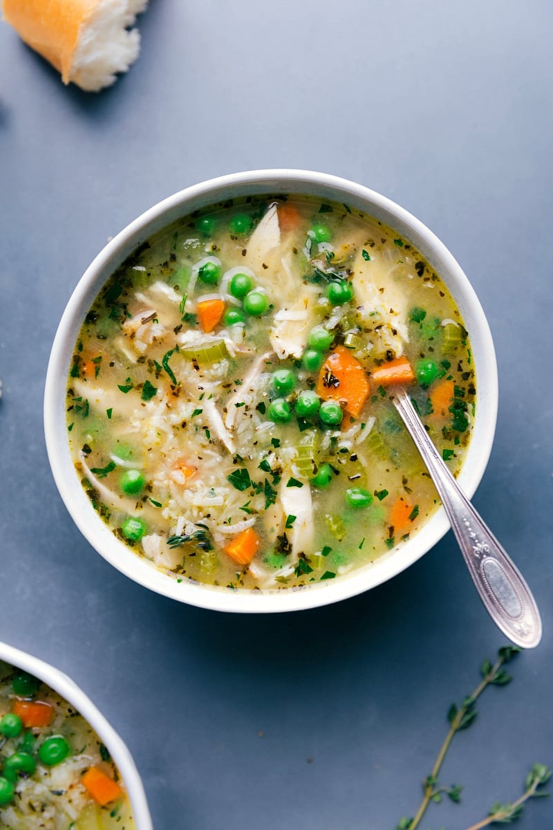 Overhead image of Chicken and Rice Soup in a bowl, with a spoon in it.