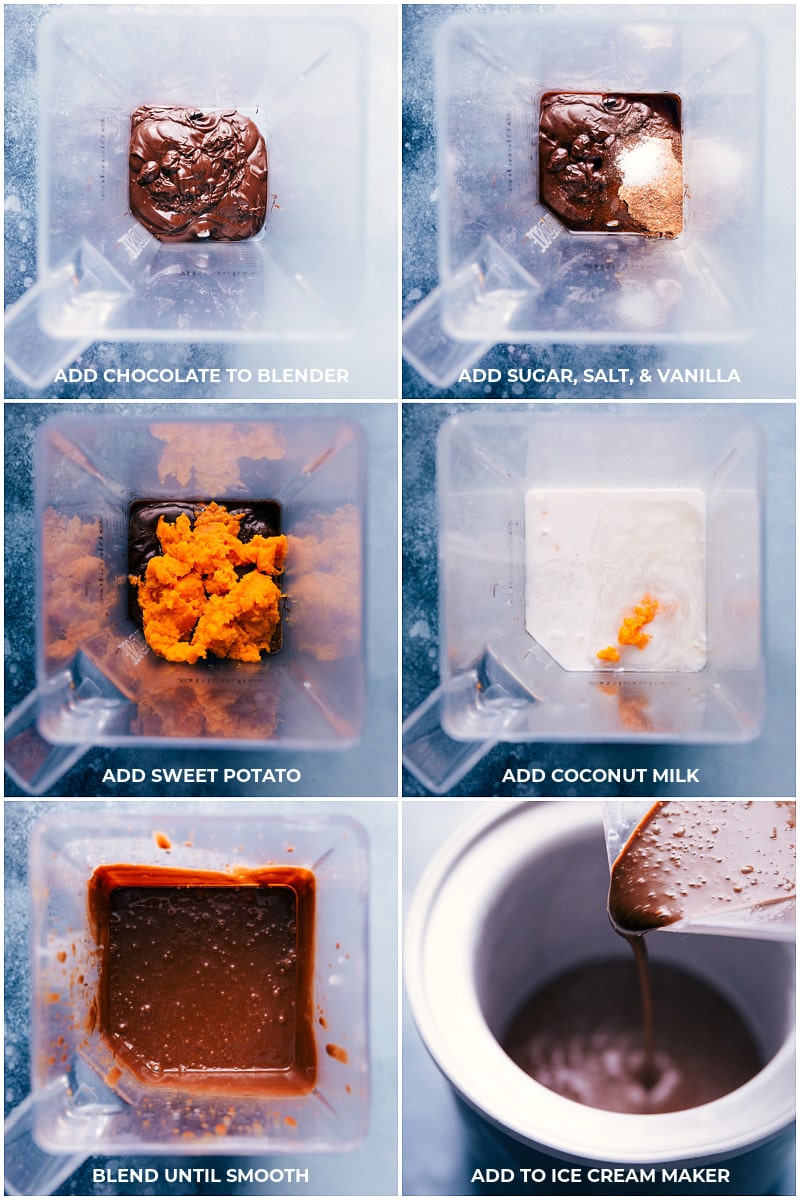 Process shots of all the ingredients being added to the blender and being blended and added to the ice cream maker