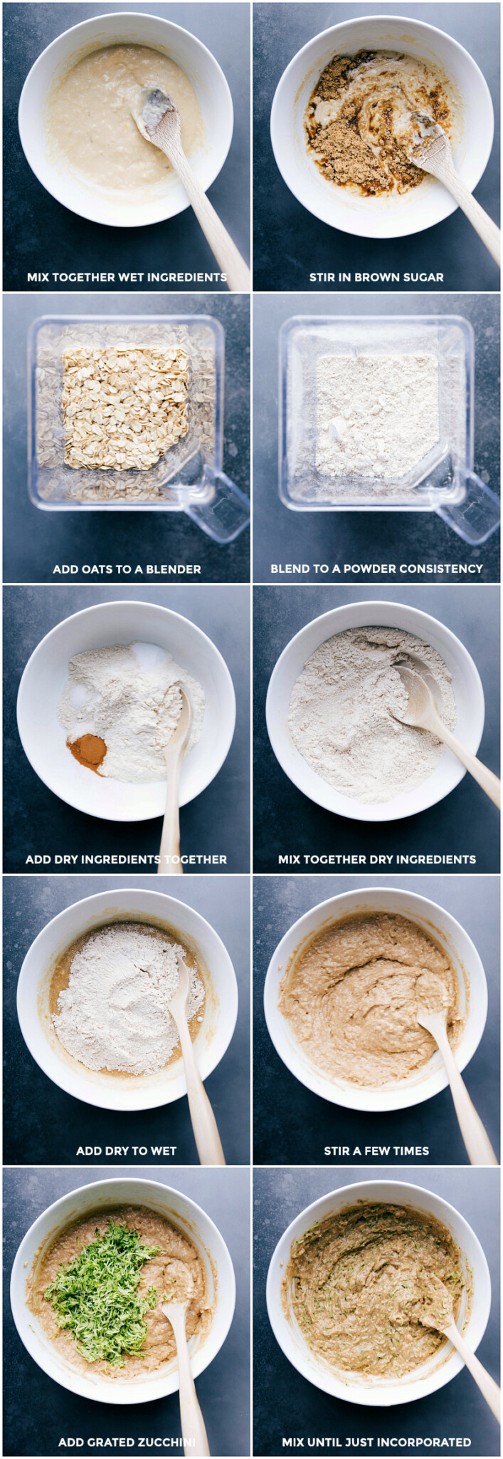 Process shots: Mix wet ingredients; stir in brown sugar; process oats in a blender to make oat flour; add dry ingredients to the wet ingredients; stir briefly; add grated zucchini; mix to combine.