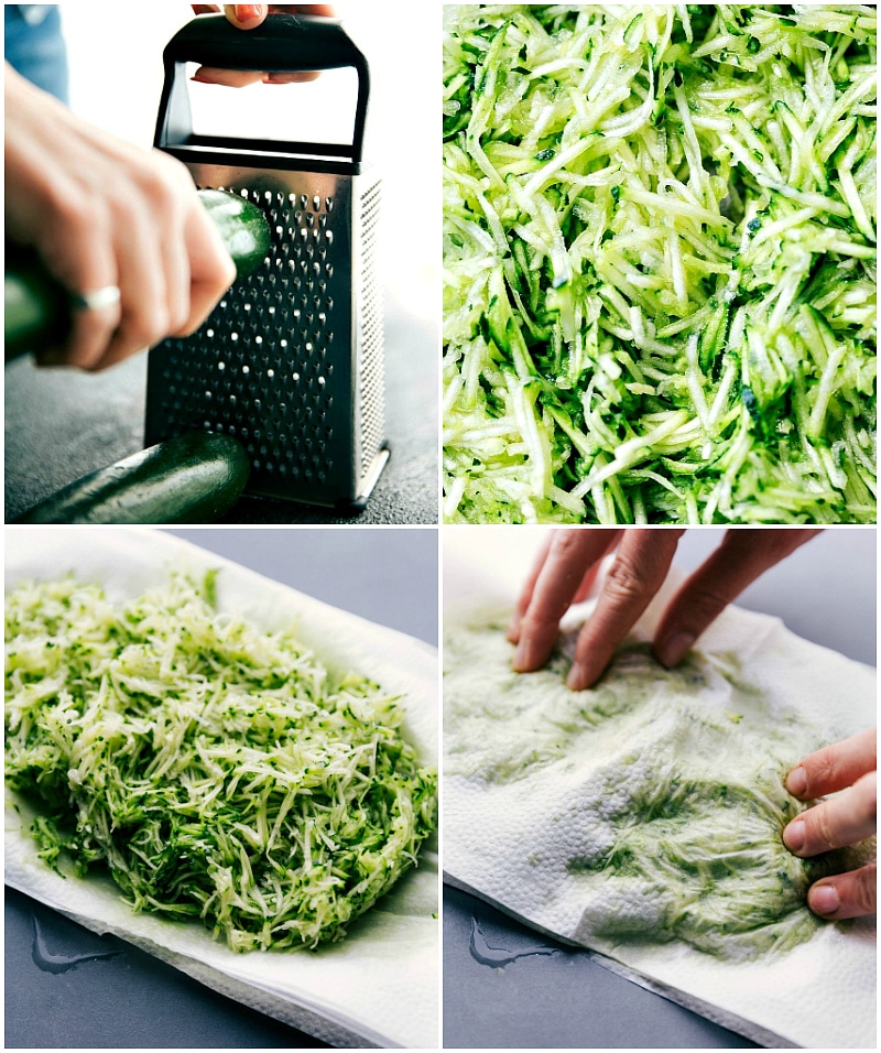 Process shots: grate the zucchini and then spread out on paper towels; blot to absorb excess moisture.