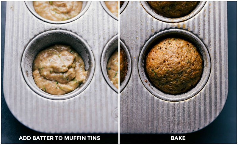 Image of the healthy zucchini muffins in the pan, before and after baking.