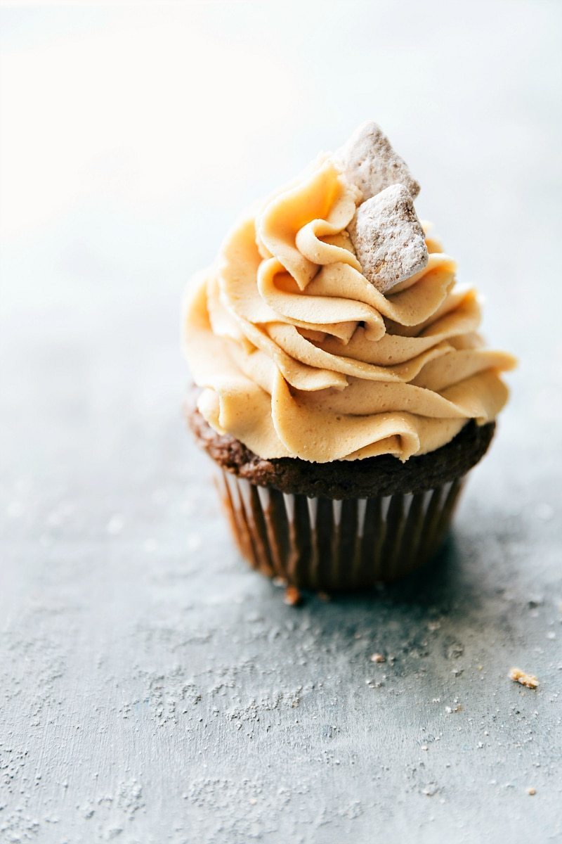 Image of a chocolate peanut butter cupcake ready to be eaten