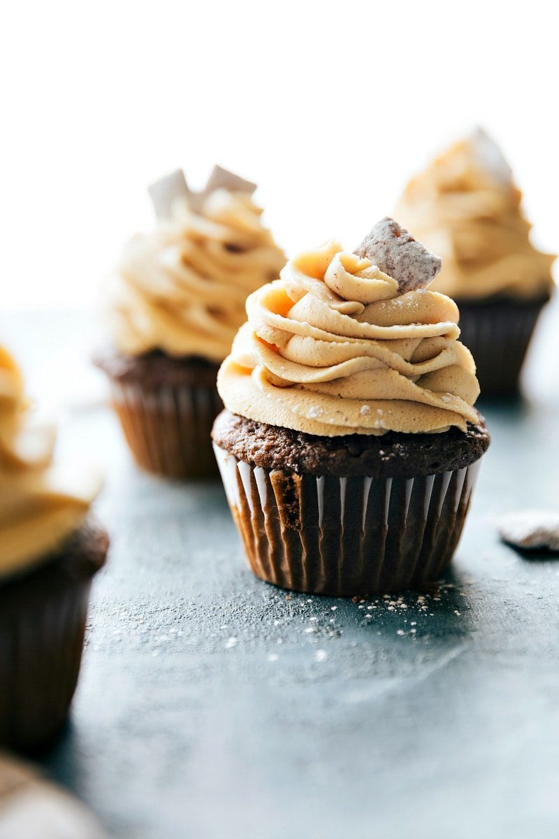 Image of a couple of the chocolate peanut butter cupcakes ready to be eaten