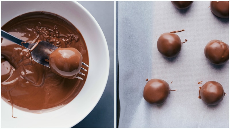 Process shots-- images of the no bake brownie bites being dipped in chocolate and put on a tray