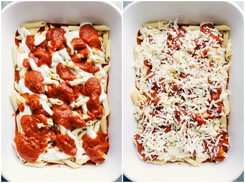 Pasta with red and white sauces being added, topped off with a generous sprinkle of mozzarella cheese.