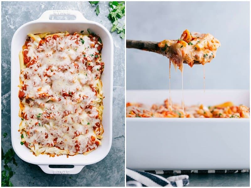 Finished casserole dish topped with melted cheese and fresh herbs, with a spoonful being taken out to showcase its delicious texture and flavor.