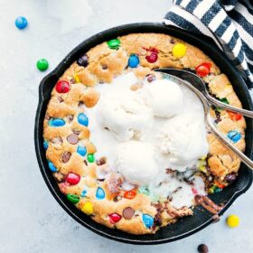 Freshly baked, warm pizookie topped with melting vanilla ice cream.