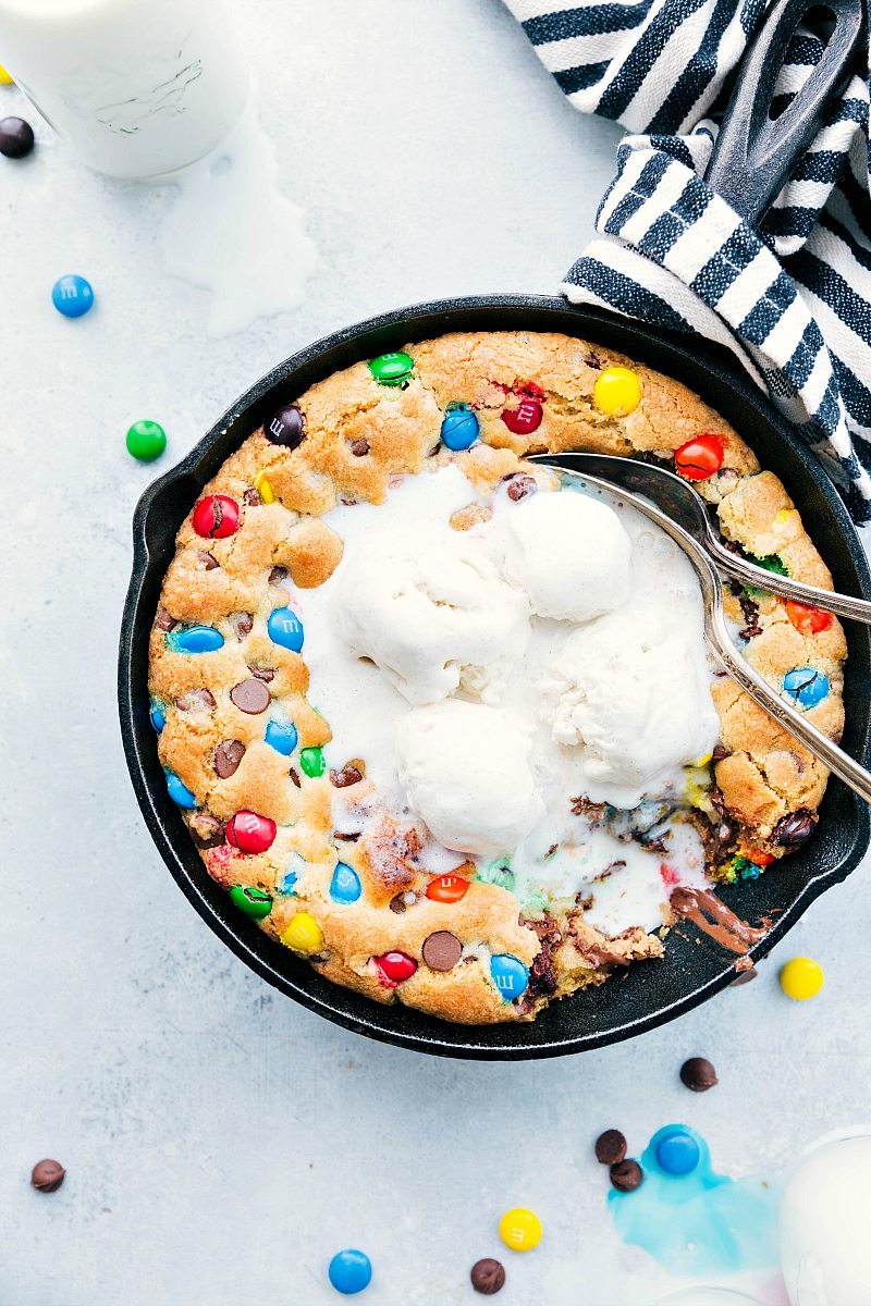 Freshly baked, warm pizookie topped with melting vanilla ice cream.