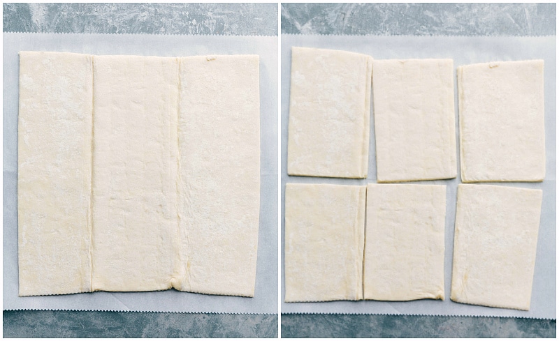 Puff pastry sheet being divided into six slices.