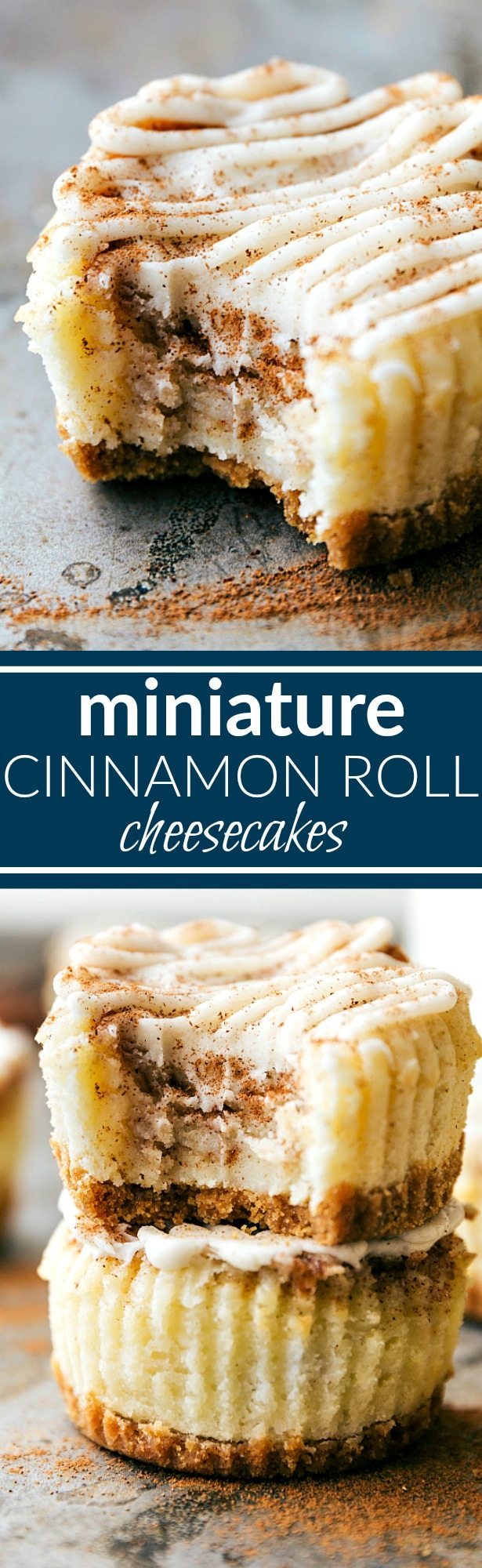 The BEST DESSERT! Miniature cinnamon roll cheesecakes with a delicious cinnamon swirl and cream cheese frosting topping! Via chelseasmessyapron.com