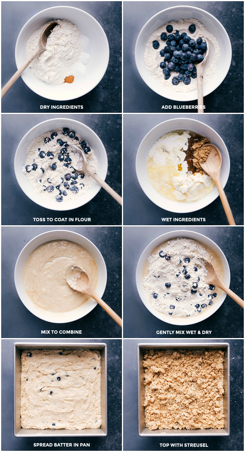 Collage illustrating the steps to make Blueberry Coffee Cake.