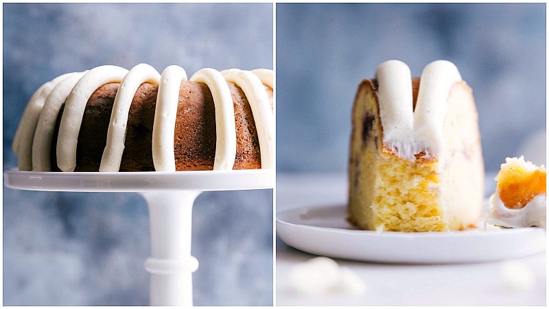 Image of the full cake with frosting and a slice with a bite taken out of it.