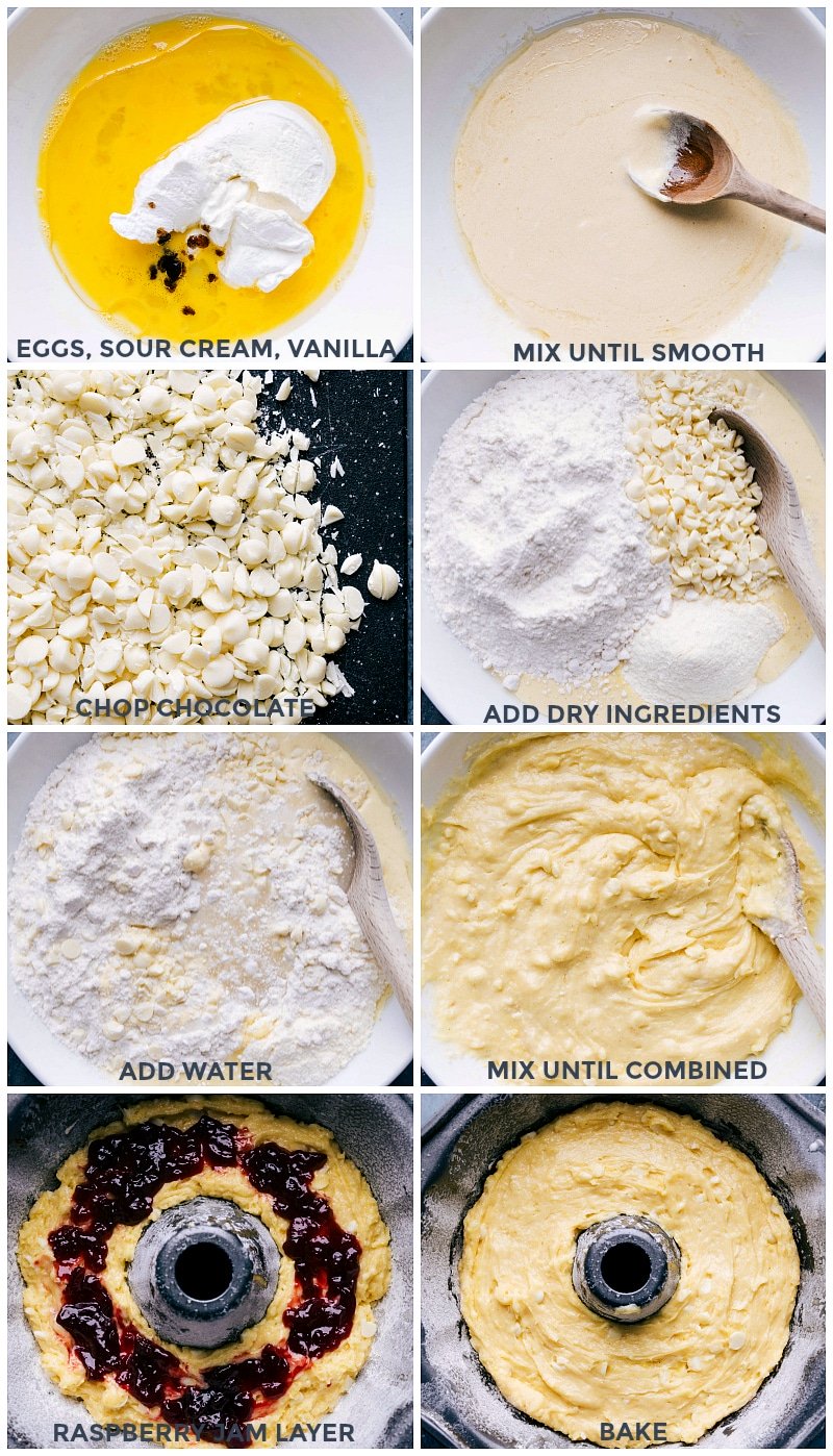 Process shots showing the the wet and dry ingredients being added together and mixed and then being added to a pan.