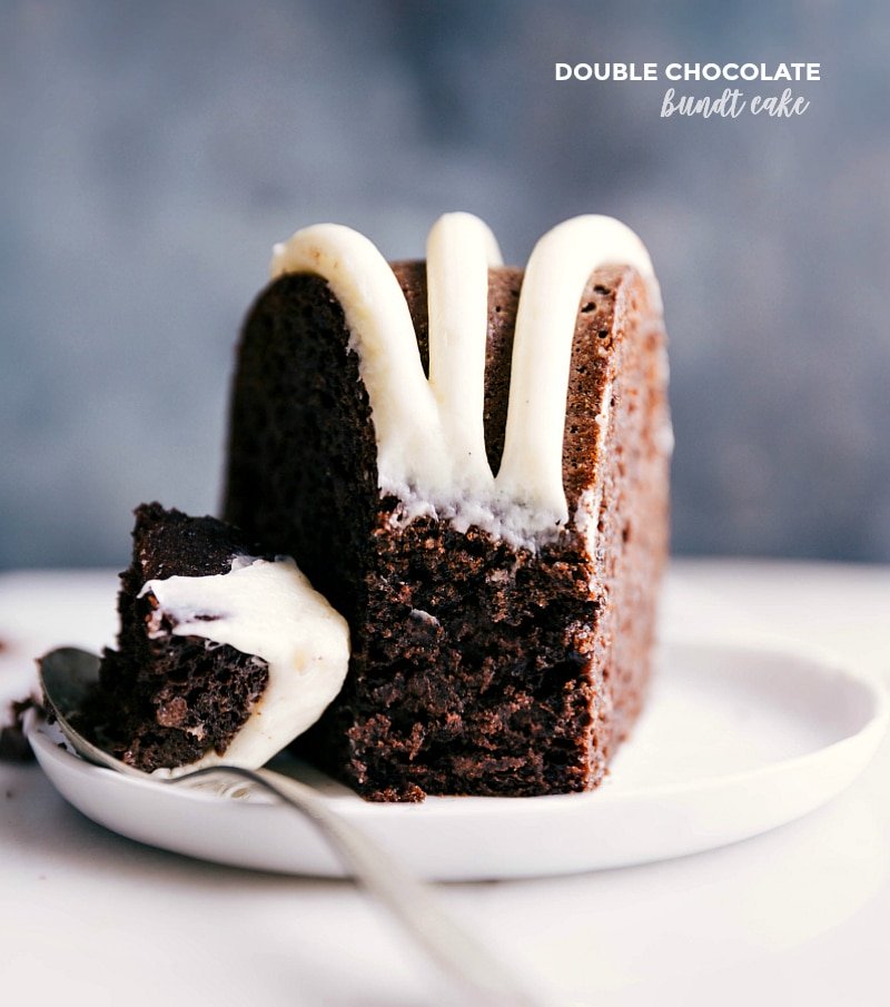 Slice of luscious double chocolate bundt cake with a spoonful about to be enjoyed.