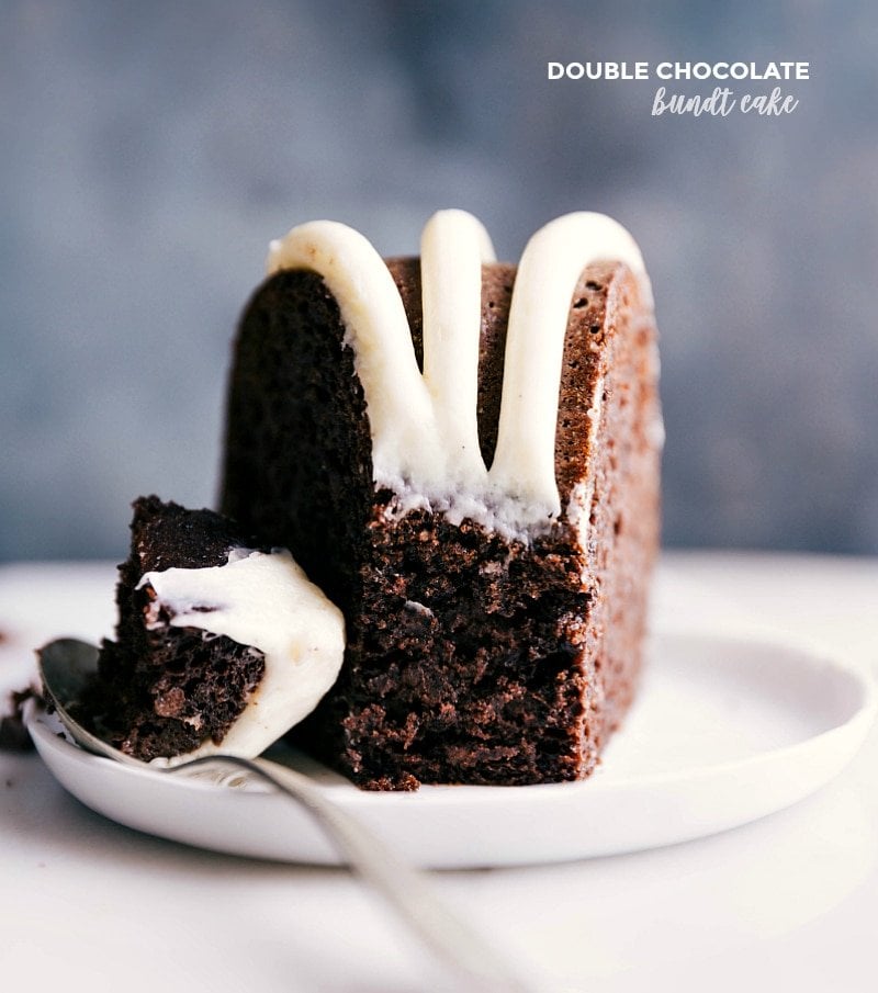 Image of a slice of Double Chocolate Bundt Cake with a spoonful being taken out of it.