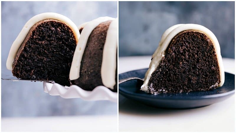 Plating a slice of delicious chocolate bundt cake, a tempting dessert.