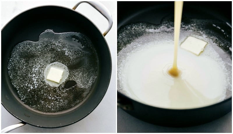 Melting the butter and adding in the sweetened condensed milk to make Brigadeiros.