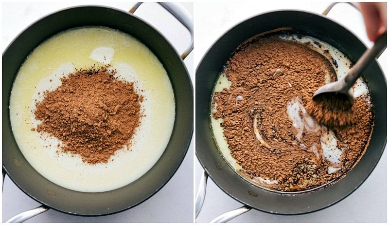 Adding cocoa to the butter and condensed milk; stirring to combine.