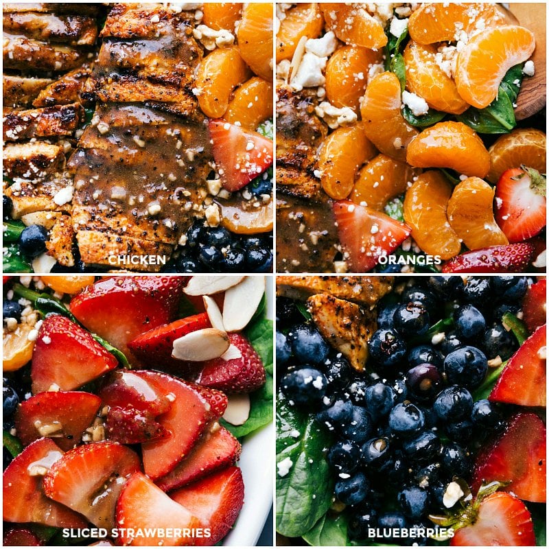 The chicken, oranges, strawberries, and blueberries, all beautifully dressed.