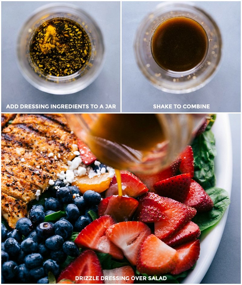 Preparation of balsamic vinaigrette: Ingredients added to a jar, shaken to combine, and drizzled over the fresh fruit and greens.