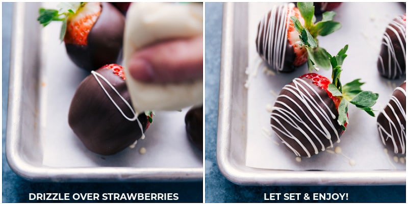 Process shots of Chocolate-Covered Strawberries-- images of the white chocolate being drizzled on top