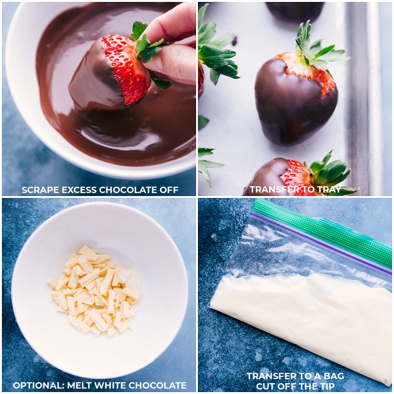 Process shots-- images of the strawberries being dipped in chocolate and then the white chocolate being melted to drizzle on top