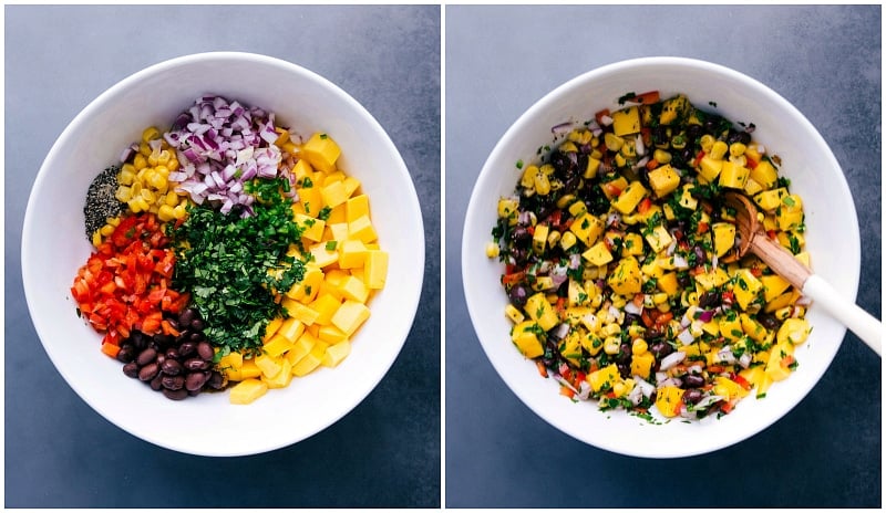 Combining all the fresh ingredients for mango salsa in a bowl and mixing them together.