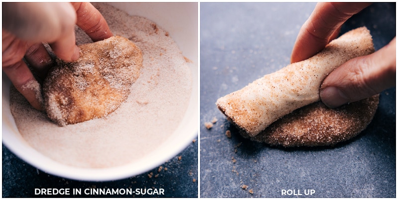Process shots of cinnamon roll cake-- images of the biscuits being rolled in cinnamon sugar