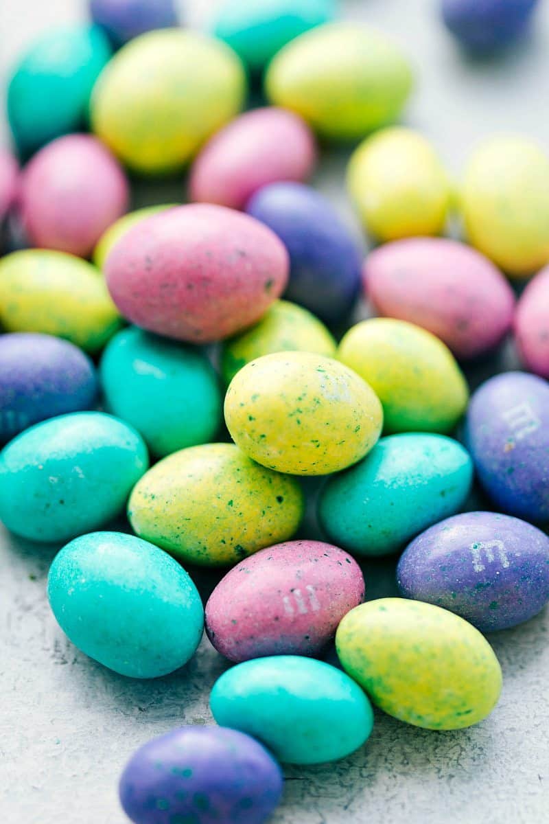 Close up shot of speckled egg M&Ms