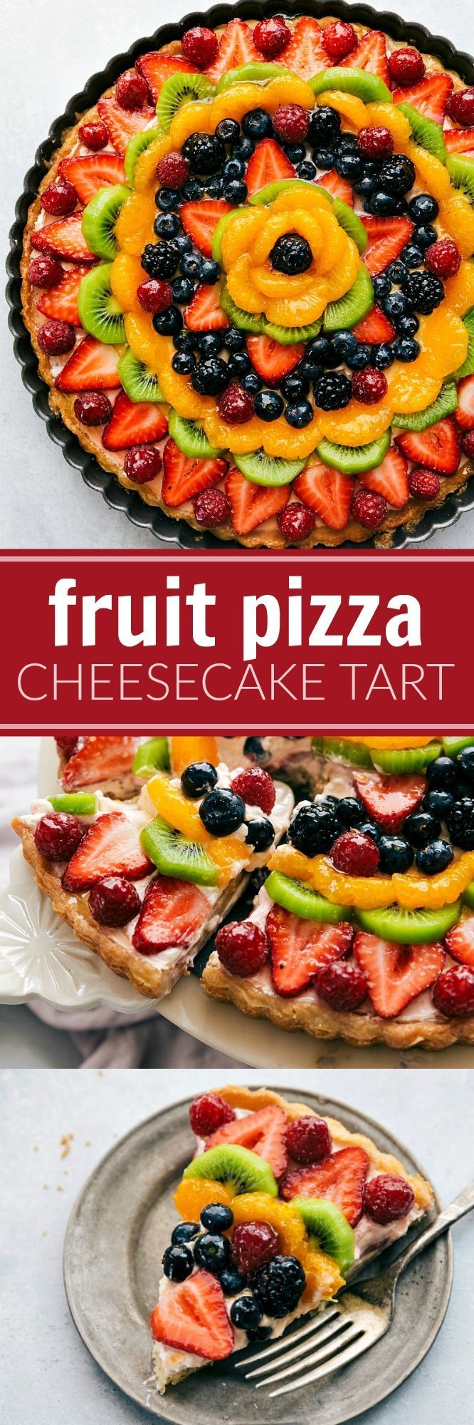 A twist on the famous Fruit Pizzas -- this one made in a tart pan with a sugar cookie crust and a delicious + light no-bake cheesecake filling via chelseasmessyapron.com