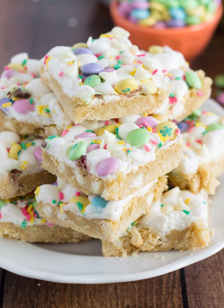 Delicious Confetti Cookie Bars with Spring M&M's and lots of gooey marshmallows!