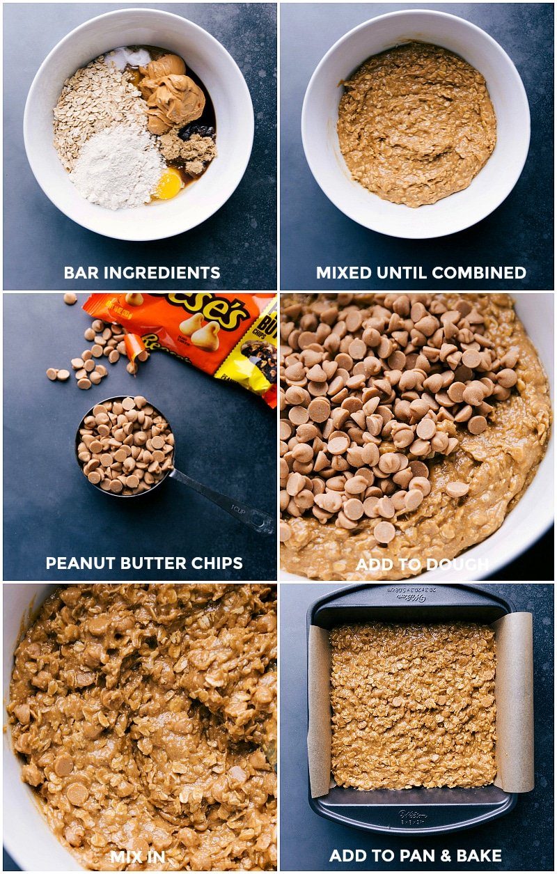 Combining ingredients for oatmeal bars recipe, adding peanut butter chips, transferring dough to a pan, and baking.