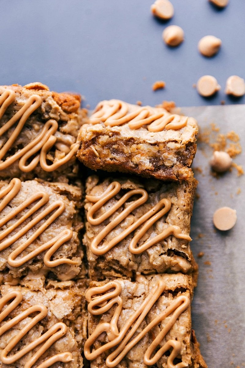 Image of the Oatmeal Bars showing the peanut butter glaze on top.