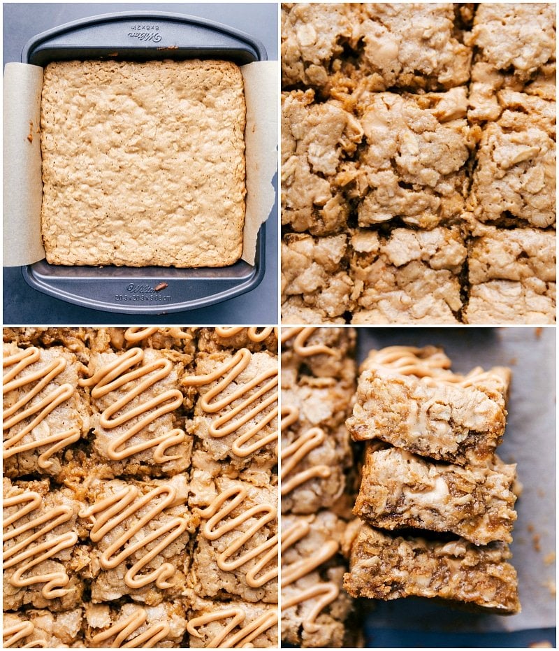 Freshly baked oatmeal breakfast bars in the pan, cut into squares, with peanut butter added on top.