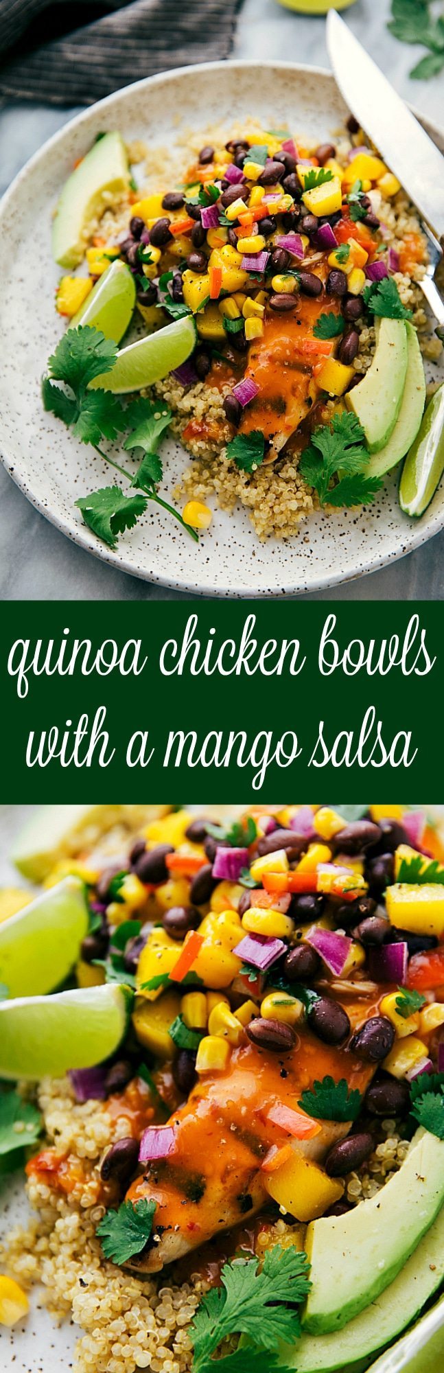 A bed of quinoa with marinated and grilled chicken breast topped with a fresh and healthy mango salsa. 